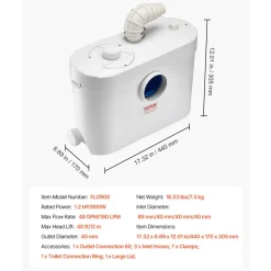 VEVOR Macerator Pump, 900W, 48 GPM Flow, 40 ft/12 m Head, Macerator Sewerage Toilet Pump with 4 Water Inlets, Waste Water Disposal Upflush Machine for Toilet, Basement, Shower, Sink, Laundry, Bathtub