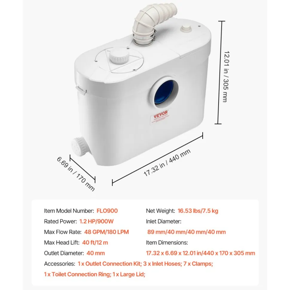 VEVOR Macerator Pump, 900W, 48 GPM Flow, 40 ft/12 m Head, Macerator Sewerage Toilet Pump with 4 Water Inlets, Waste Water Disposal Upflush Machine for Toilet, Basement, Shower, Sink, Laundry, Bathtub