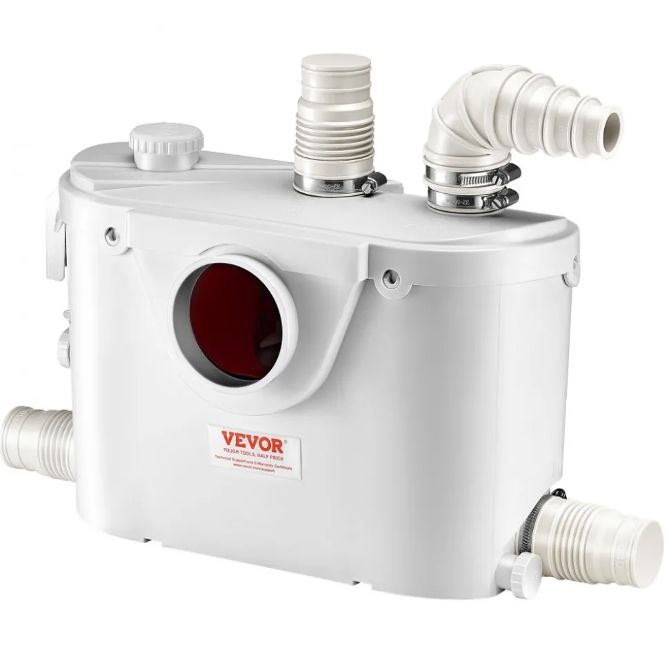 VEVOR Macerator Pump, 500W, 29 GPM Flow, 26 ft/8 m Head, Macerator Sewerage Toilet Pump with 4 Water Inlets, Waste Water Disposal Upflush Machine for Toilet, Basement, Shower, Sink, Laundry, Bathtub