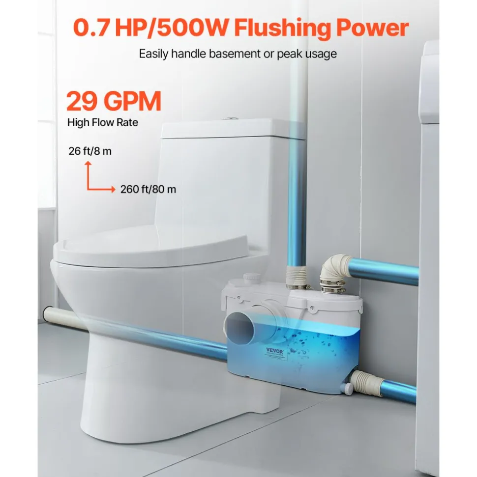 VEVOR Macerator Pump, 500W, 29 GPM Flow, 26 ft/8 m Head, Macerator Sewerage Toilet Pump with 4 Water Inlets, Waste Water Disposal Upflush Machine for Toilet, Basement, Shower, Sink, Laundry, Bathtub