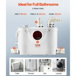 VEVOR Macerator Pump, 500W, 29 GPM Flow, 26 ft/8 m Head, Macerator Sewerage Toilet Pump with 4 Water Inlets, Waste Water Disposal Upflush Machine for Toilet, Basement, Shower, Sink, Laundry, Bathtub