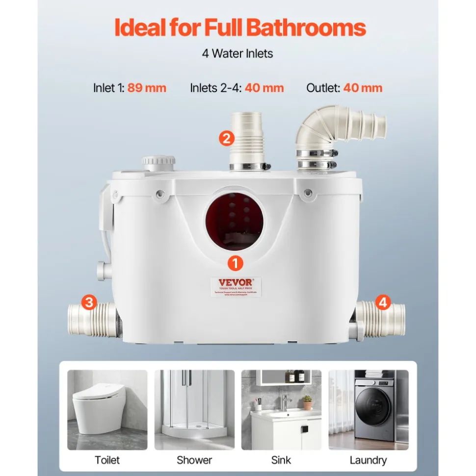 VEVOR Macerator Pump, 500W, 29 GPM Flow, 26 ft/8 m Head, Macerator Sewerage Toilet Pump with 4 Water Inlets, Waste Water Disposal Upflush Machine for Toilet, Basement, Shower, Sink, Laundry, Bathtub