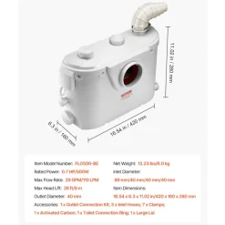 VEVOR Macerator Pump, 500W, 29 GPM Flow, 26 ft/8 m Head, Macerator Sewerage Toilet Pump with 4 Water Inlets, Waste Water Disposal Upflush Machine for Toilet, Basement, Shower, Sink, Laundry, Bathtub