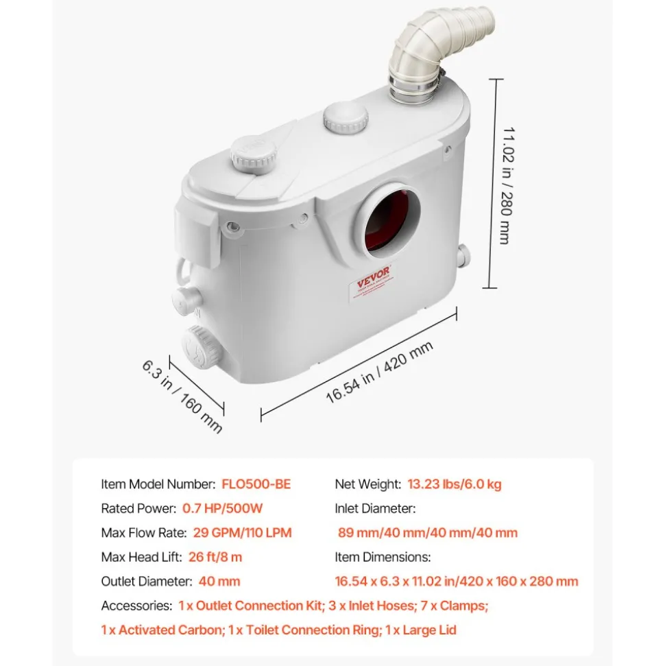 VEVOR Macerator Pump, 500W, 29 GPM Flow, 26 ft/8 m Head, Macerator Sewerage Toilet Pump with 4 Water Inlets, Waste Water Disposal Upflush Machine for Toilet, Basement, Shower, Sink, Laundry, Bathtub