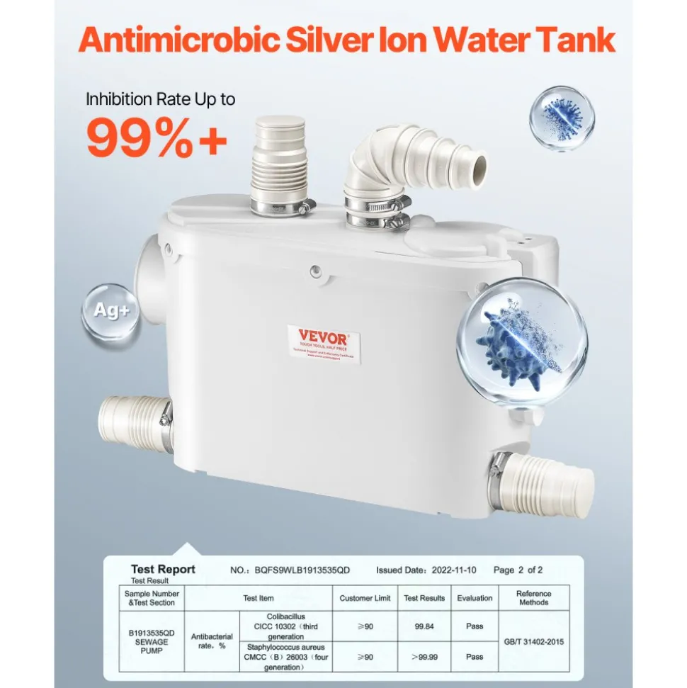 VEVOR Macerator Pump, 500W, 29 GPM Flow, 26 ft/8 m Head, Macerator Wall-Hung Toilet Pump with 4 Water Inlets, Waste Water Disposal Upflush Machine for Toilet, Basement, Shower, Sink, Laundry, Bathtub
