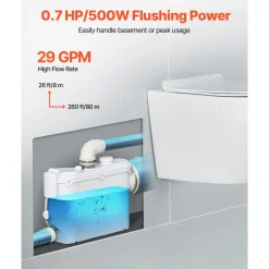 VEVOR Macerator Pump, 500W, 29 GPM Flow, 26 ft/8 m Head, Macerator Wall-Hung Toilet Pump with 4 Water Inlets, Waste Water Disposal Upflush Machine for Toilet, Basement, Shower, Sink, Laundry, Bathtub