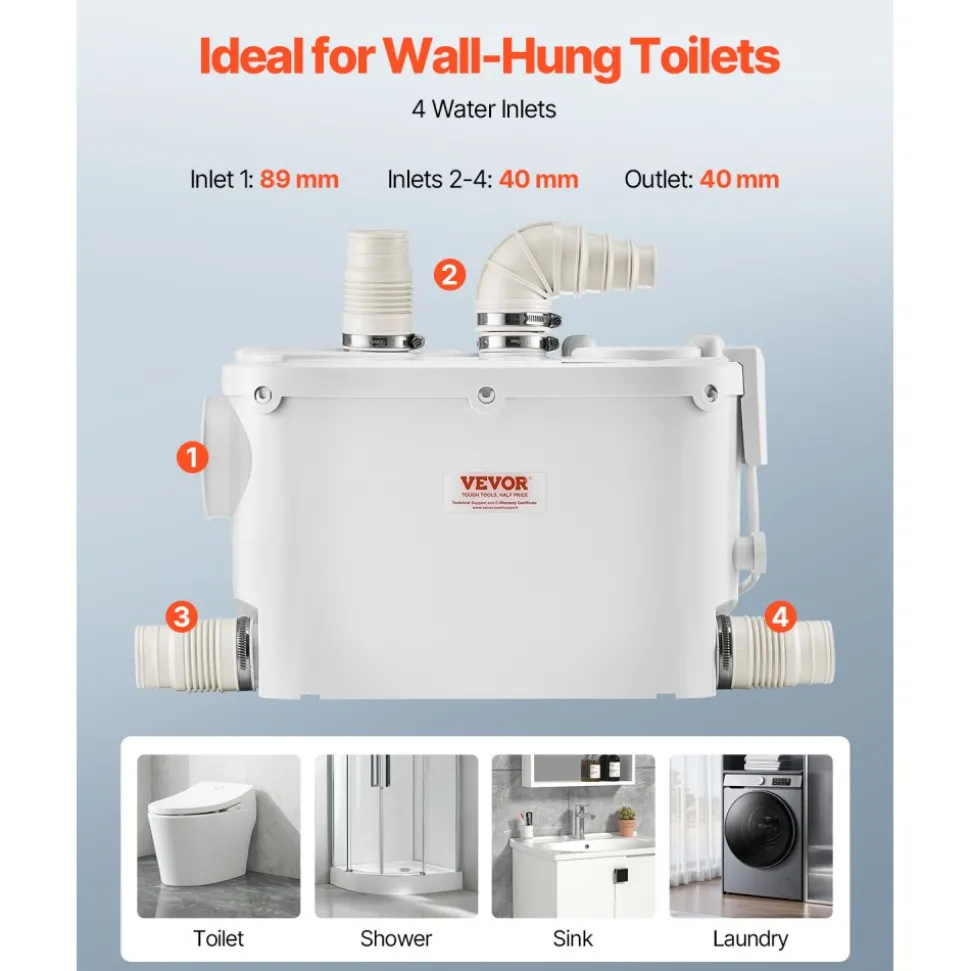 VEVOR Macerator Pump, 500W, 29 GPM Flow, 26 ft/8 m Head, Macerator Wall-Hung Toilet Pump with 4 Water Inlets, Waste Water Disposal Upflush Machine for Toilet, Basement, Shower, Sink, Laundry, Bathtub