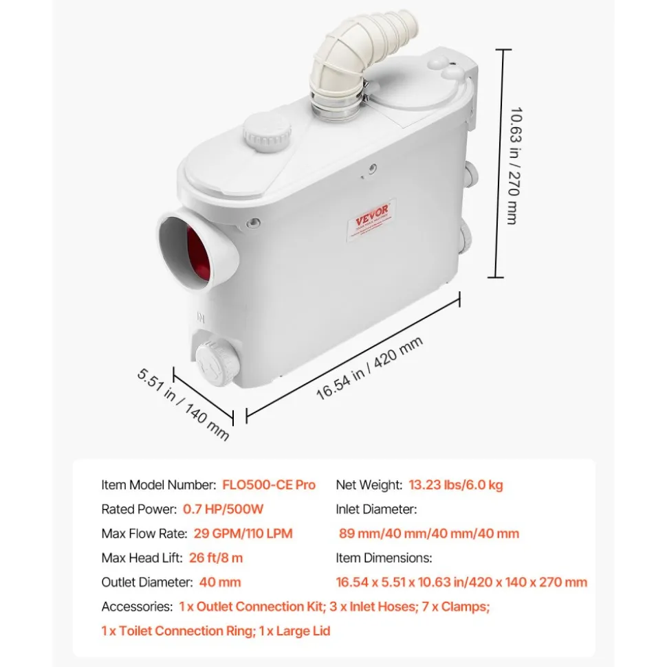 VEVOR Macerator Pump, 500W, 29 GPM Flow, 26 ft/8 m Head, Macerator Wall-Hung Toilet Pump with 4 Water Inlets, Waste Water Disposal Upflush Machine for Toilet, Basement, Shower, Sink, Laundry, Bathtub