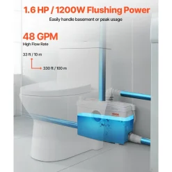 VEVOR Macerator Pump, 1200W, 48 GPM Flow, 33 ft/10 m Head, Macerator Sewerage Toilet Pump with 4 Water Inlets, Waste Water Disposal Upflush Machine for Toilet, Basement, Shower, Sink, Laundry, Bathtub