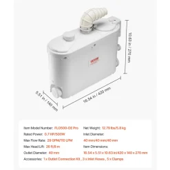VEVOR Macerator Pump, 500W, 29 GPM Flow, 26 ft/8 m Head, Macerator Sewerage Toilet Pump with 4 Water Inlets, Waste Water Disposal Upflush Machine for Kitchen, Basement, Shower, Sink, Laundry, Bathtub