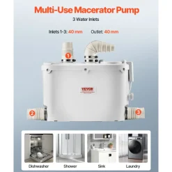 VEVOR Macerator Pump, 500W, 29 GPM Flow, 26 ft/8 m Head, Macerator Sewerage Toilet Pump with 4 Water Inlets, Waste Water Disposal Upflush Machine for Kitchen, Basement, Shower, Sink, Laundry, Bathtub