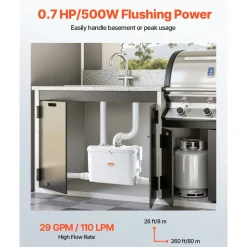 VEVOR Macerator Pump, 500W, 29 GPM Flow, 26 ft/8 m Head, Macerator Sewerage Toilet Pump with 4 Water Inlets, Waste Water Disposal Upflush Machine for Kitchen, Basement, Shower, Sink, Laundry, Bathtub