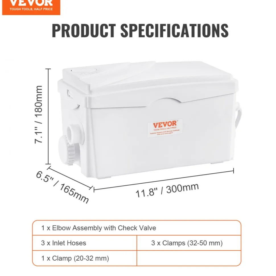 VEVOR Macerator Pump, 350W, 6000 L/h Flow, 23 ft/7 m Head, Macerator Sewerage Sump Pump with 3 Water Inlets for Basement, Kitchen, Sink, Shower, Bathtub, Laundry Waste Water Disposal Upflush Machine