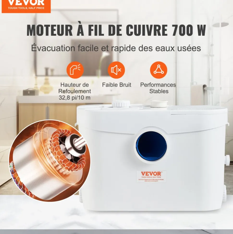 VEVOR Macerator Pump 800W 12000L/h Flow 32.8 ft/10 m Head PCB Smart Control, Macerating Sewage Pump, Waste Water Disposal Upflush Machine with 4 Inlets, for Basement, Toilet, Sink, Laundry, Kitchen