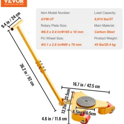 VEVOR Machinery Skate Dolly, 6614 LBS/3T Industrial Machinery Mover with Handle, Carbon Steel Machinery Moving Skate with 3 360° Swivel PU Wheels, 360° Rotation Non-Slip Cap for Warehouse, Workshop
