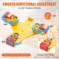 VEVOR Machinery Skate Dolly, 6614 LBS/3T Industrial Machinery Mover with Handle, Carbon Steel Machinery Moving Skate with 3 360° Swivel PU Wheels, 360° Rotation Non-Slip Cap for Warehouse, Workshop