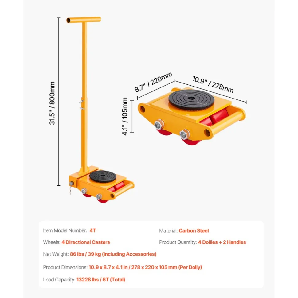 VEVOR Machine Skate, 6T Machinery Skate Dolly, 13228 lbs Machinery Moving Skate, Machinery Mover Skate with 360° Rotation Cap and PU Directional Rollers, Heavy Duty Industrial Moving Equipment, Yellow