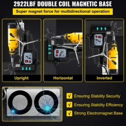 VEVOR Mag Drill, 0-300 RPM Stepless Speed Electromagnetic Drill Press, 2" Depth 2" Dia Magnetic Core Drill, 2922lbf Boring Tool Drill Press, 1680 Watts Drill Press, Yellow and Black Drill Machine