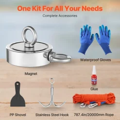 VEVOR Magnet Fishing Kit, 1700 LBS/771 Kg Double-Sided Pulling Force Strong Magnet Fishing Kit, Rare Earth Neodymium Magnetic Fishing Kit Includes Grappling Hook, Heavy Duty Rope, Gloves and Eyebolt