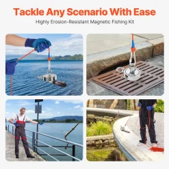 VEVOR Magnet Fishing Kit, 1000 LBS/454 Kg Double-Sided Pulling Force Strong Magnet Fishing Kit, Rare Earth Neodymium Magnetic Fishing Kit Includes Grappling Hook, Heavy Duty Rope, Gloves and Eyebolt