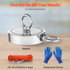 VEVOR Magnet Fishing Kit, 2000 LBS/907 Kg Double-Sided Pulling Force Strong Magnet Fishing Kit, Rare Earth Neodymium Magnetic Fishing Kit Includes Grappling Hook, Heavy Duty Rope, Gloves and Eyebolt