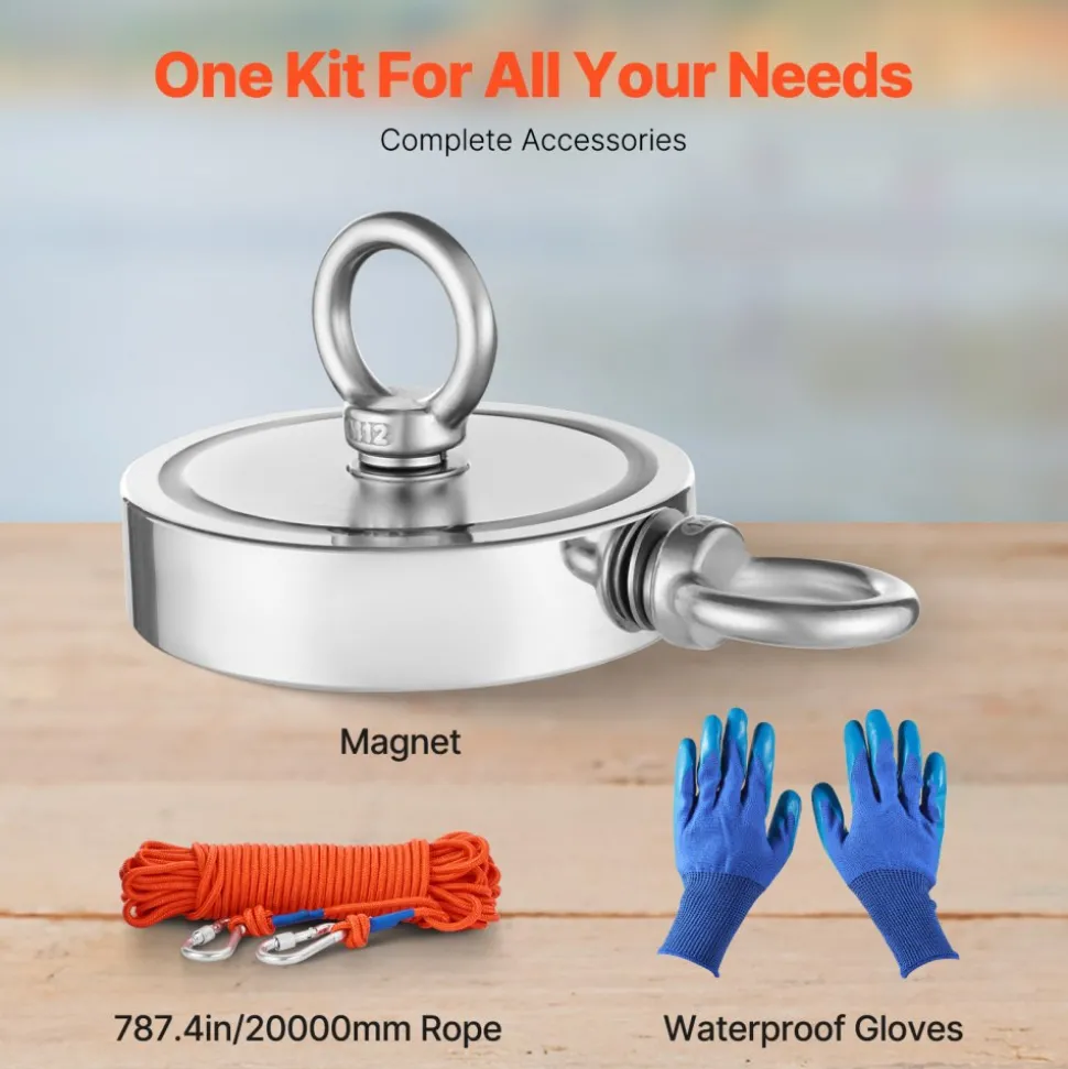 VEVOR Magnet Fishing Kit, 2000 LBS/907 Kg Double-Sided Pulling Force Strong Magnet Fishing Kit, Rare Earth Neodymium Magnetic Fishing Kit Includes Grappling Hook, Heavy Duty Rope, Gloves and Eyebolt