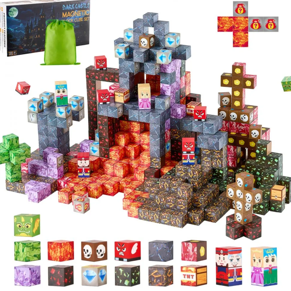 VEVOR Magnetic Blocks, 100 PCS Dark Castle Set, Magnetic Building Cubes for Kids, STEM Montessori Sensory Toys for Christmas Birthday Gift, Construction Stacking Toy for 3+ Years Old Boys & Girls