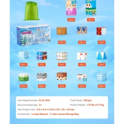 VEVOR Magnetic Blocks, 150 PCS Glacier Castle Set, Magnetic Building Cubes for Kids, STEM Montessori Sensory Toys for Christmas Birthday Gift, Construction Stacking Toy for 3+ Years Old Boys & Girls