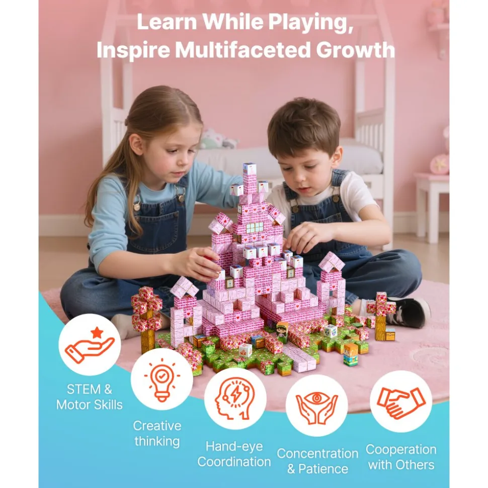 VEVOR Magnetic Blocks, 100 PCS Princess Castle Set, Magnetic Building Cubes for Kids, STEM Montessori Sensory Toys for Christmas Birthday Gift, Construction Stacking Toy for 3+ Years Old Boys & Girls