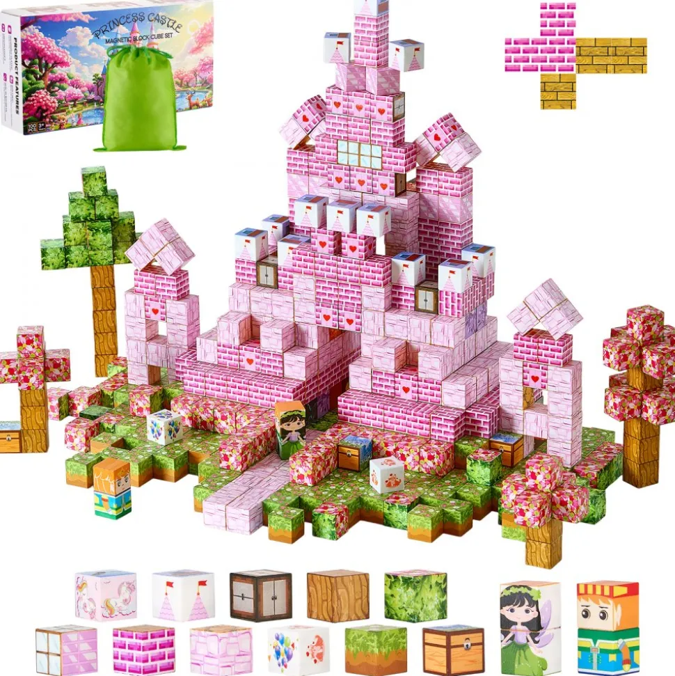 VEVOR Magnetic Blocks, 100 PCS Princess Castle Set, Magnetic Building Cubes for Kids, STEM Montessori Sensory Toys for Christmas Birthday Gift, Construction Stacking Toy for 3+ Years Old Boys & Girls