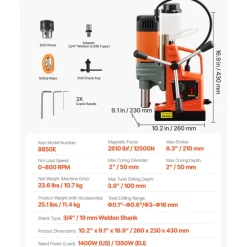 VEVOR Magnetic Drill Press, 1400 W, 2 in Boring Diameter, 2810 lbf Power Portable Mag Drill Press, 0–800 RPM Adjustable Speed, with Weldon Shank, for Metal Surface, Industrial and Home Improvement