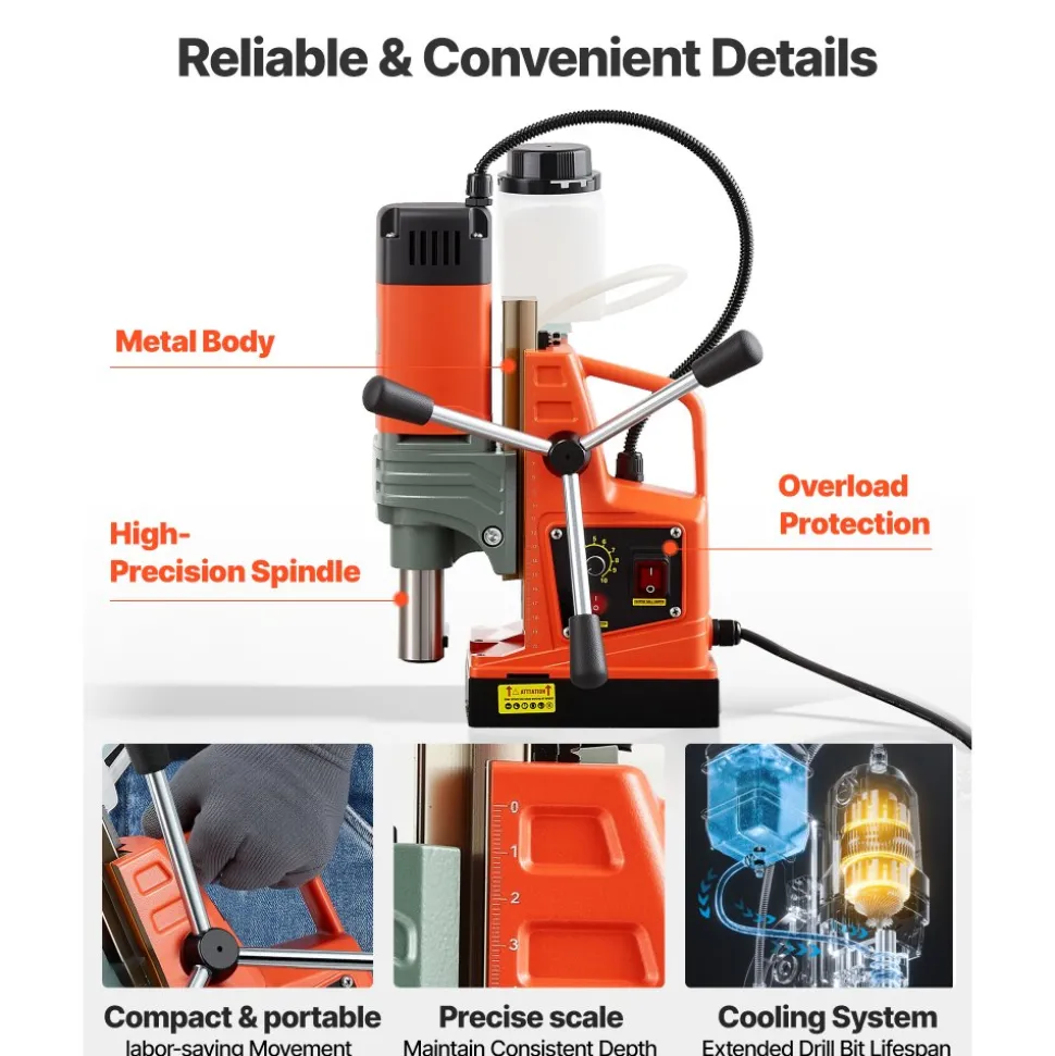 VEVOR Magnetic Drill Press, 1400 W, 2 in Boring Diameter, 2810 lbf Power Portable Mag Drill Press, 0–800 RPM Adjustable Speed, with Weldon Shank, for Metal Surface, Industrial and Home Improvement