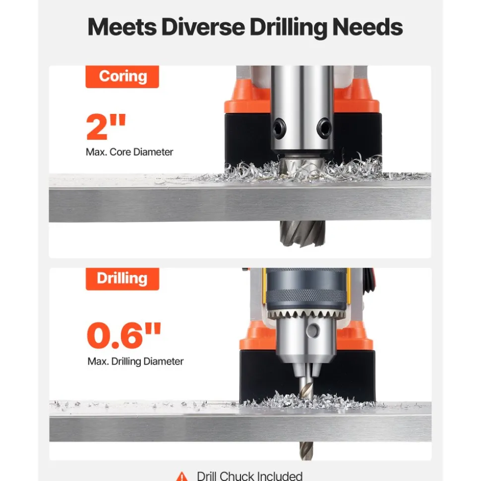 VEVOR Magnetic Drill Press, 1400 W, 2 in Boring Diameter, 2810 lbf Power Portable Mag Drill Press, 0–800 RPM Adjustable Speed, with Weldon Shank, for Metal Surface, Industrial and Home Improvement
