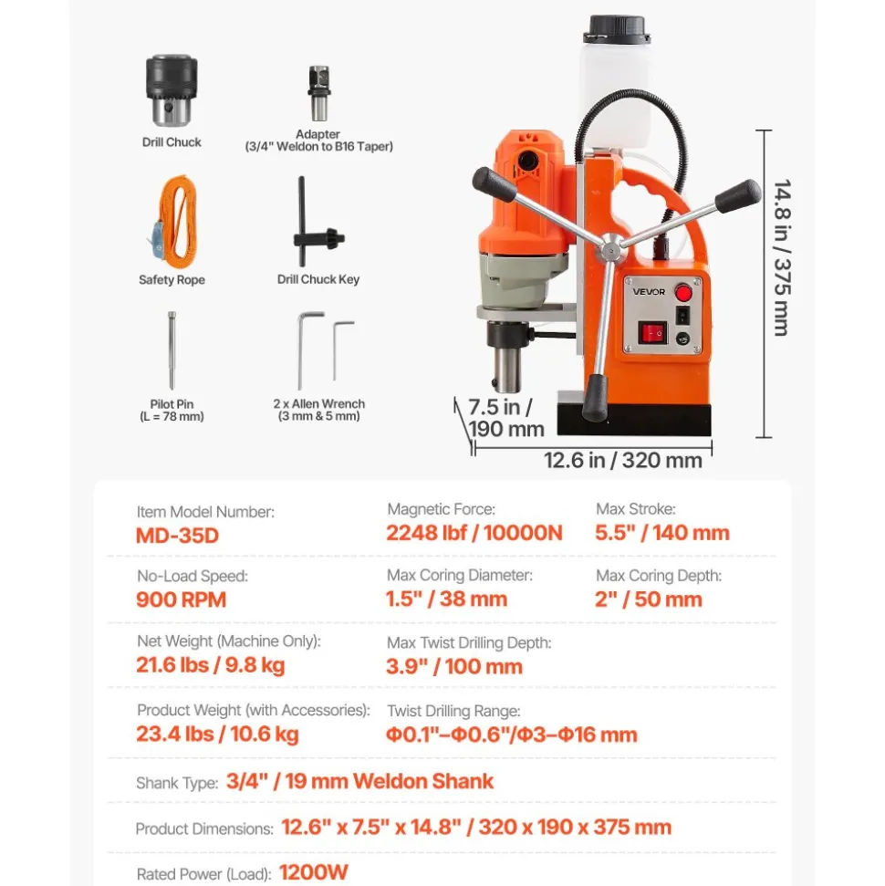 VEVOR Magnetic Drill Press, 1200 W, 1.5 in Boring Diameter, 2248 lbf Power Mag Drill Press, 900 RPM Speed, with Weldon Shank, Efficient Cooling, for Metal Surface, Industrial and Home Improvement