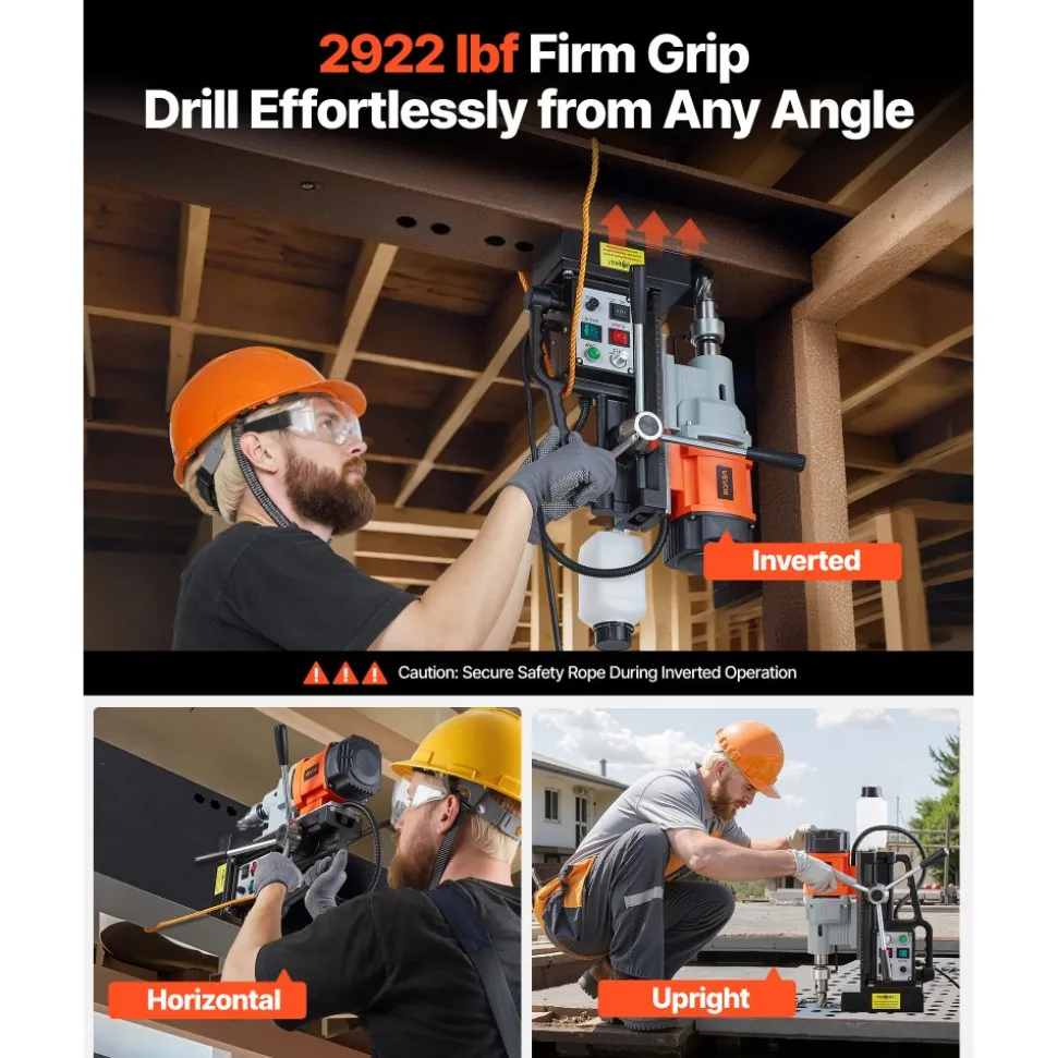 VEVOR Magnetic Drill Press, 1550 W, 2.4 in Boring Diameter, 2922 lbf Power Mag Drill Press, 0-600 RPM Adjustable Speed, Morse Taper, M3-M16 Tapping, for Metal Surface, Industrial and Home Improvement