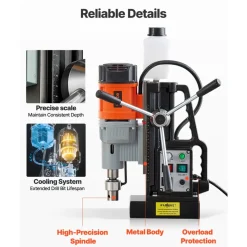 VEVOR Magnetic Drill Press, 1550 W, 2.4 in Boring Diameter, 2922 lbf Power Mag Drill Press, 0-600 RPM Adjustable Speed, Morse Taper, M3-M16 Tapping, for Metal Surface, Industrial and Home Improvement