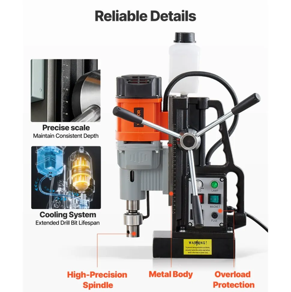 VEVOR Magnetic Drill Press, 1550 W, 2.4 in Boring Diameter, 2922 lbf Power Mag Drill Press, 0-600 RPM Adjustable Speed, Morse Taper, M3-M16 Tapping, for Metal Surface, Industrial and Home Improvement