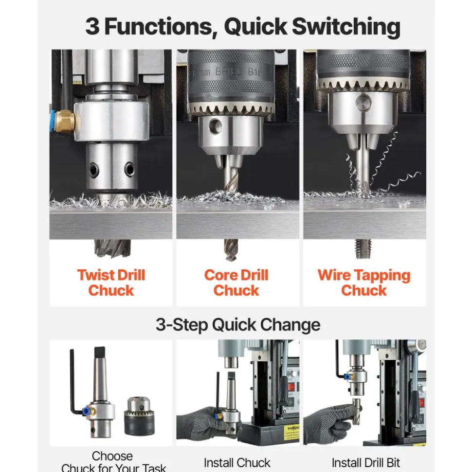 VEVOR Magnetic Drill Press, 1550 W, 2.4 in Boring Diameter, 2922 lbf Power Mag Drill Press, 0-600 RPM Adjustable Speed, Morse Taper, M3-M16 Tapping, for Metal Surface, Industrial and Home Improvement