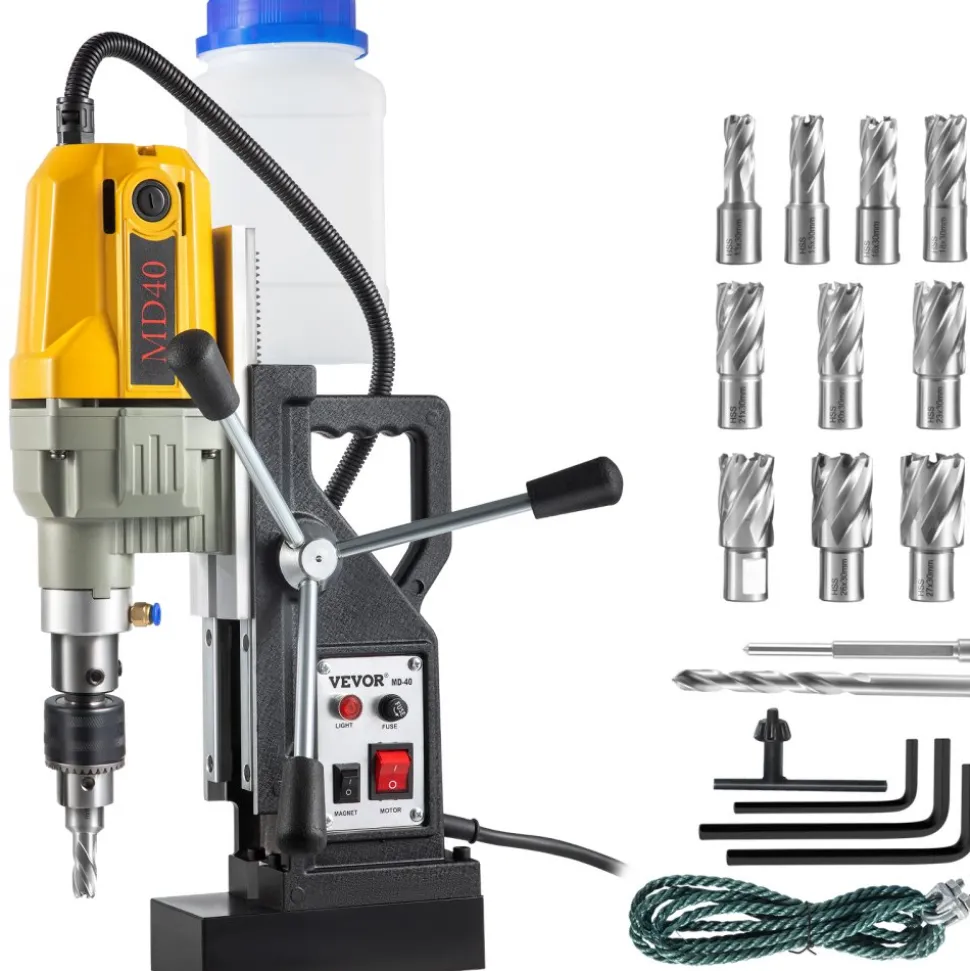VEVOR Magnetic Drill, 1100W 1.57" Boring Diameter, 2697lbf/12000N Portable Electric Mag Drill Press with 12 Drilling Bits, 580 RPM Max Speed Drilling Machine for any Surface and Home Improvement