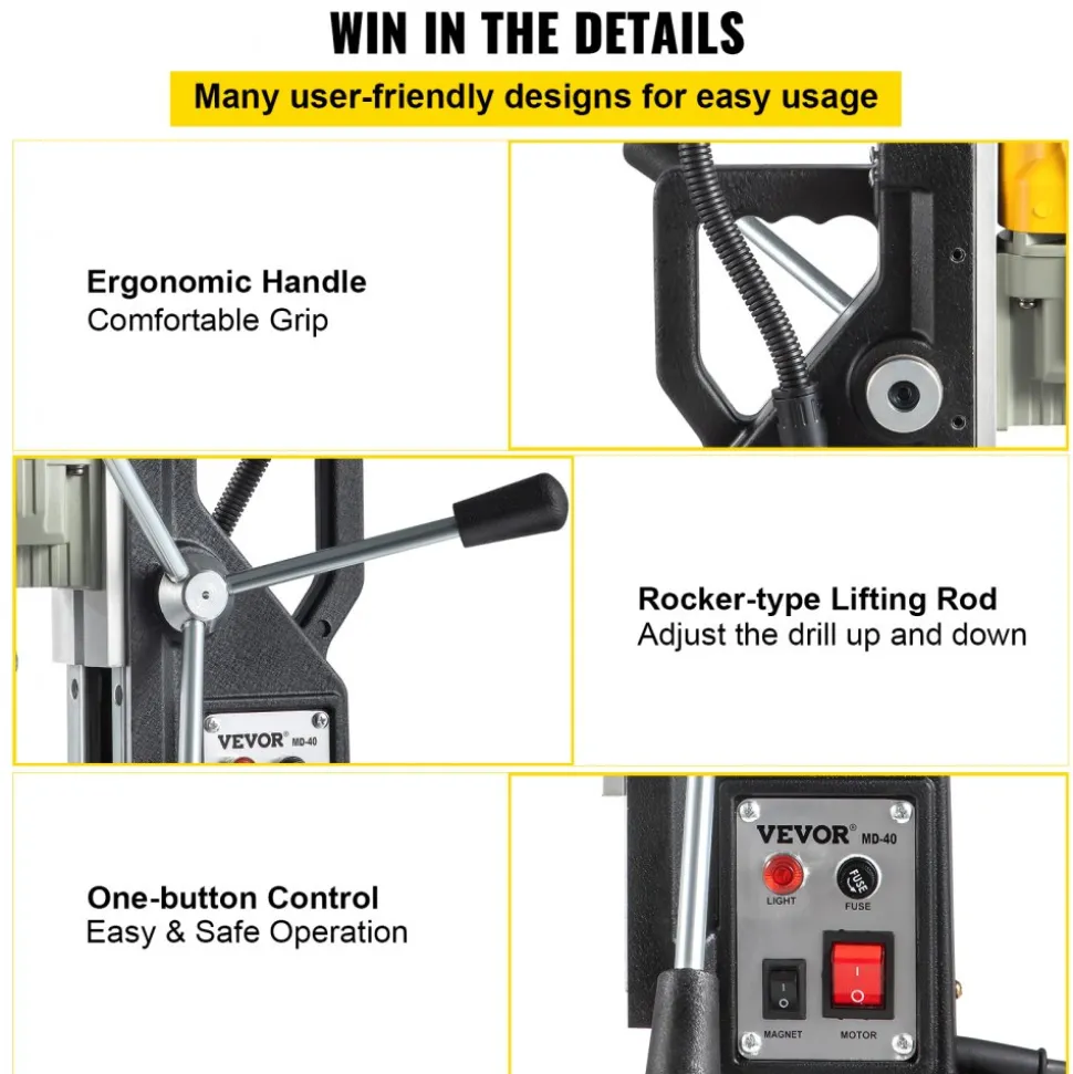 VEVOR Magnetic Drill, 1100W 1.57" Boring Diameter, 2697lbf/12000N Portable Electric Mag Drill Press with 7 Bits, 580 RPM Max Speed Drilling Machine for any Surface and Home Improvement