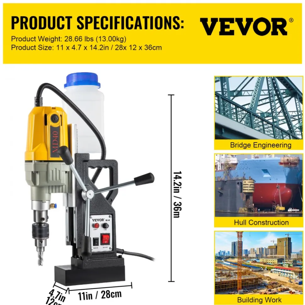 VEVOR Magnetic Drill, 1100W 1.57" Boring Diameter, 2697lbf/12000N Portable Electric Mag Drill Press with 7 Bits, 580 RPM Max Speed Drilling Machine for any Surface and Home Improvement