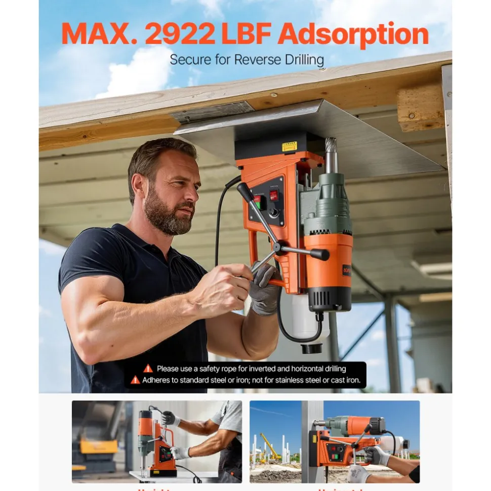 VEVOR Magnetic Drill, 1450W Motor 1.6 in Boring Diameter, 2810 lbf Portable Electric Mag Drill Press, with 2 Coring Bits, Variable Speed, Drilling Machine for Metal Surface, Home Improvement Industry
