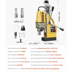 VEVOR Magnetic Drill, 1200W Motor 1.6 in Boring Diameter, 2810 lbf Electric Mag Drill Press, with 2 Coring Bits, Variable Speed, Drilling Machine for Metal Surface, Home Improvement Industry, Yellow
