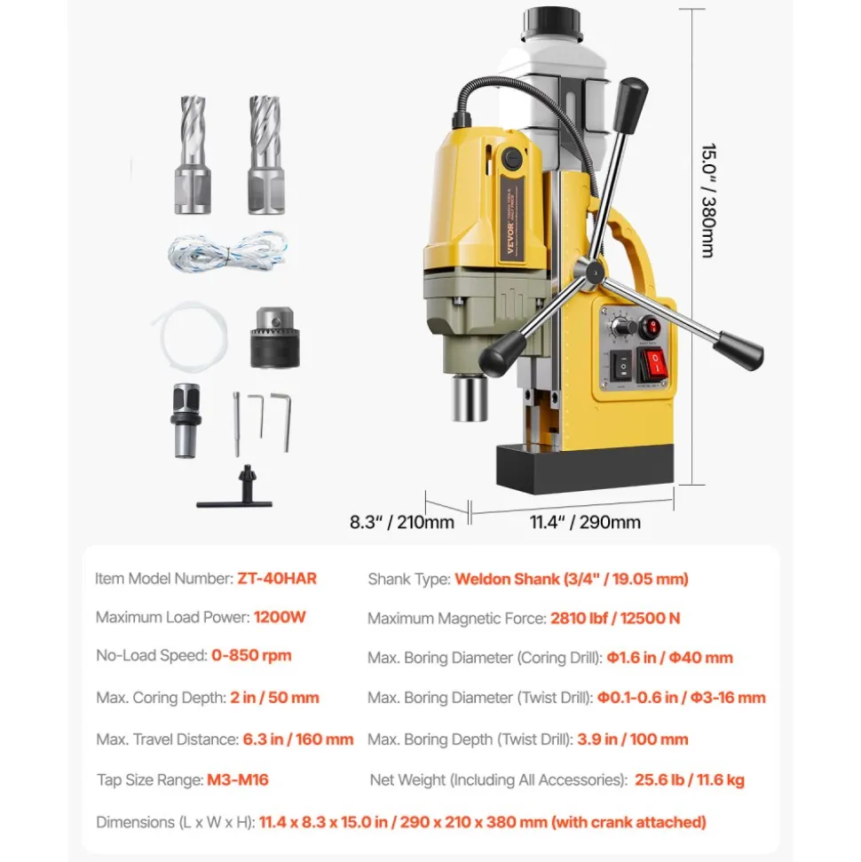 VEVOR Magnetic Drill, 1200W Motor 1.6 in Boring Diameter, 2810 lbf Electric Mag Drill Press, with 2 Coring Bits, Variable Speed, Drilling Machine for Metal Surface, Home Improvement Industry, Yellow