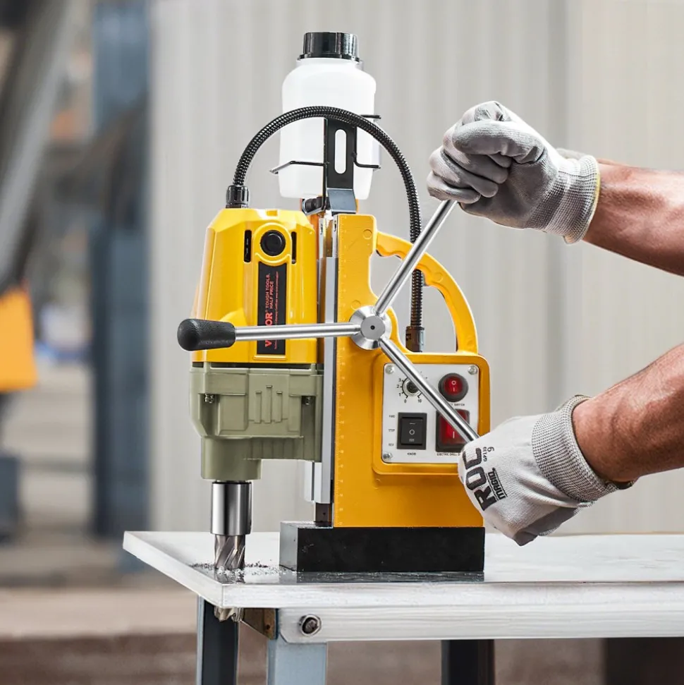VEVOR Magnetic Drill, 1200W Motor 1.6 in Boring Diameter, 2810 lbf Electric Mag Drill Press, with 2 Coring Bits, Variable Speed, Drilling Machine for Metal Surface, Home Improvement Industry, Yellow