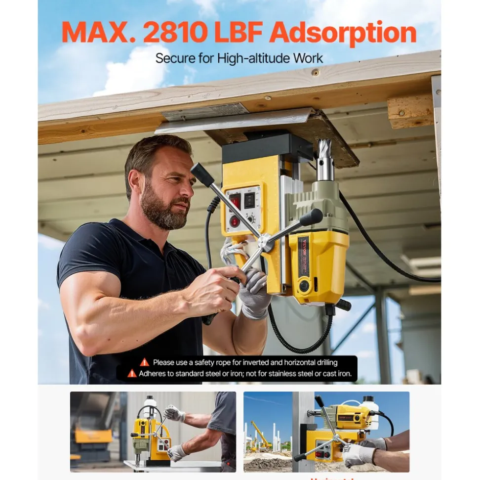 VEVOR Magnetic Drill, 1200W Motor 1.6 in Boring Diameter, 2810 lbf Electric Mag Drill Press, with 2 Coring Bits, Variable Speed, Drilling Machine for Metal Surface, Home Improvement Industry, Yellow
