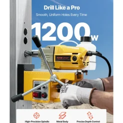 VEVOR Magnetic Drill, 1200W Motor 1.6 in Boring Diameter, 2810 lbf Electric Mag Drill Press, with 2 Coring Bits, Variable Speed, Drilling Machine for Metal Surface, Home Improvement Industry, Yellow