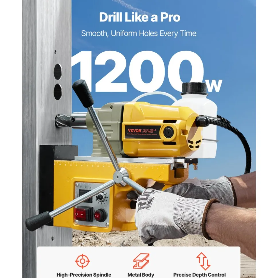 VEVOR Magnetic Drill, 1200W Motor 1.6 in Boring Diameter, 2810 lbf Electric Mag Drill Press, with 2 Coring Bits, Variable Speed, Drilling Machine for Metal Surface, Home Improvement Industry, Yellow