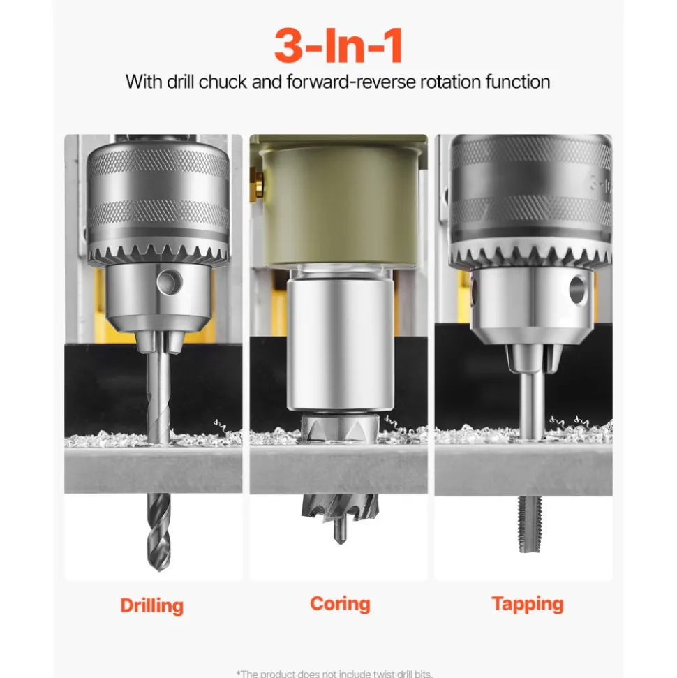 VEVOR Magnetic Drill, 1200W Motor 1.6 in Boring Diameter, 2810 lbf Electric Mag Drill Press, with 2 Coring Bits, Variable Speed, Drilling Machine for Metal Surface, Home Improvement Industry, Yellow