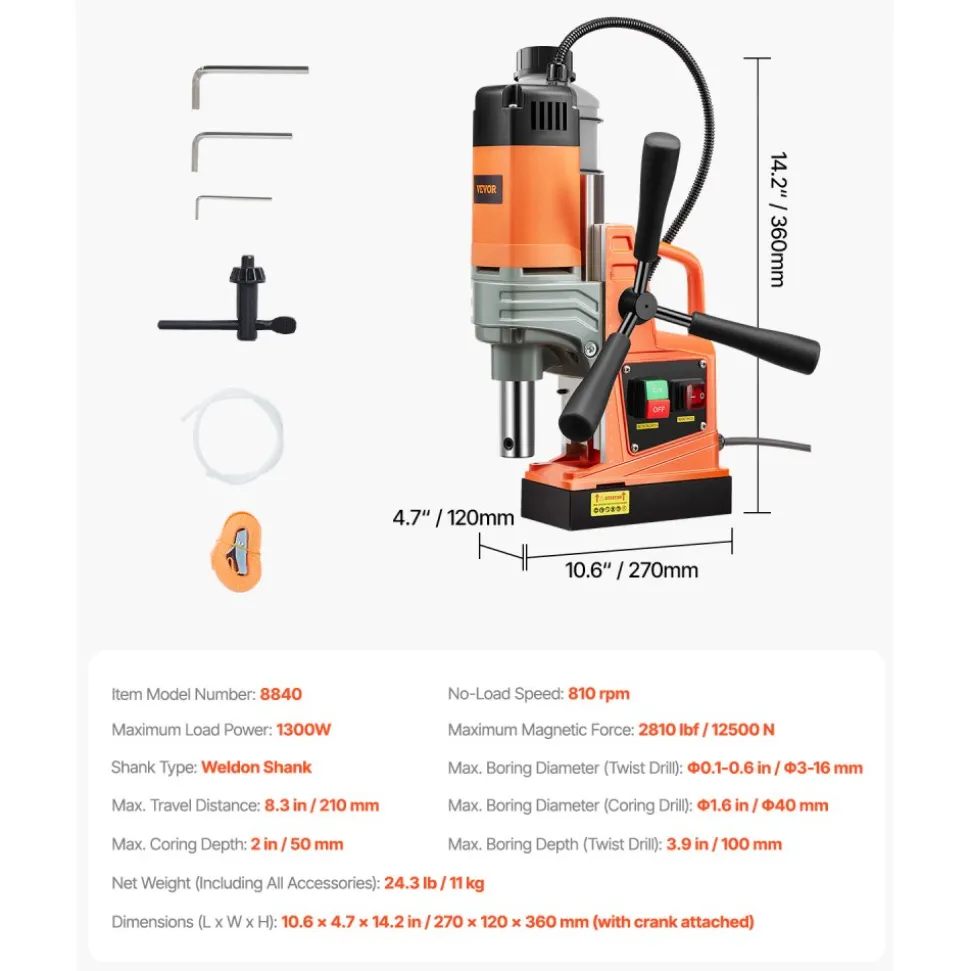 VEVOR Magnetic Drill, 1300W Motor 1.6 in Boring Diameter, 2810 lbf Portable Electric Mag Drill Press, 810 RPM No-Load Speed, Drilling Machine for Metal Surface, Industrial and Home Improvement